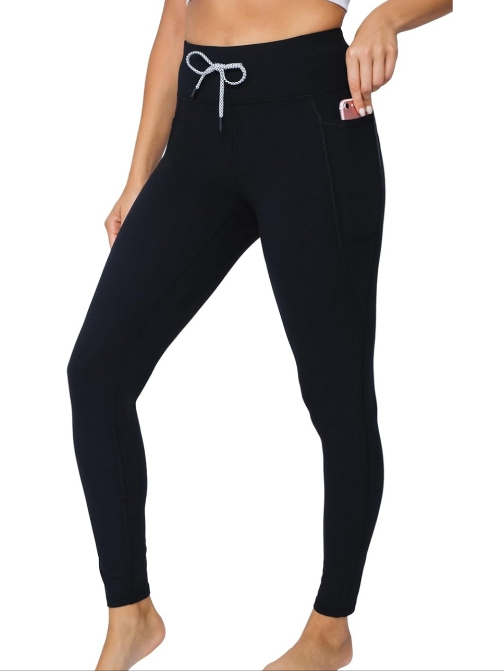NWT $78 Black Leggings With Side Pockets, Drawstring Waist , 90 Degree By Reflex